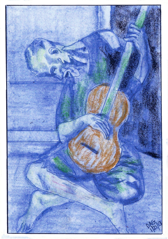 "The Old Guitarist" by Carl D'Agostino, 2013, colored pencil and cra-pas on paper